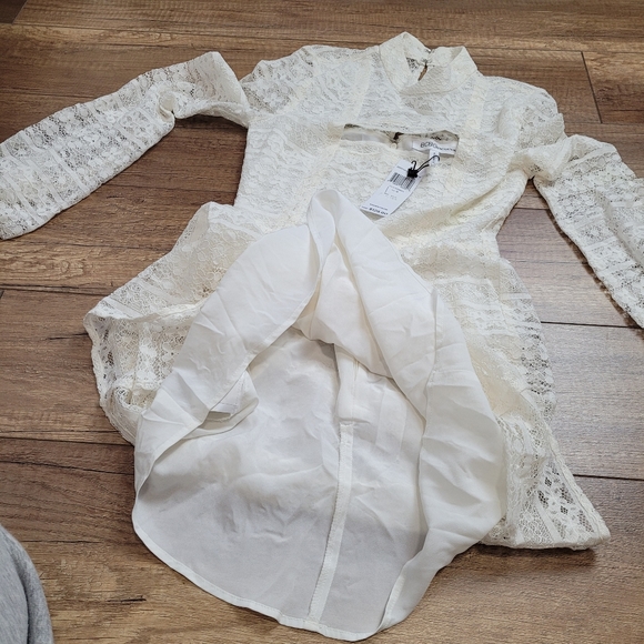 BCBGeneration sheer Lace Long Sleeve cutouts cream mini dress lined flare 0 - Picture 7 of 16